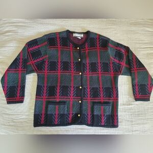 Vtg Crystal-Kobe Christmas Cardigan Sz L Scottish Green/Red Plaid Gold Buttons